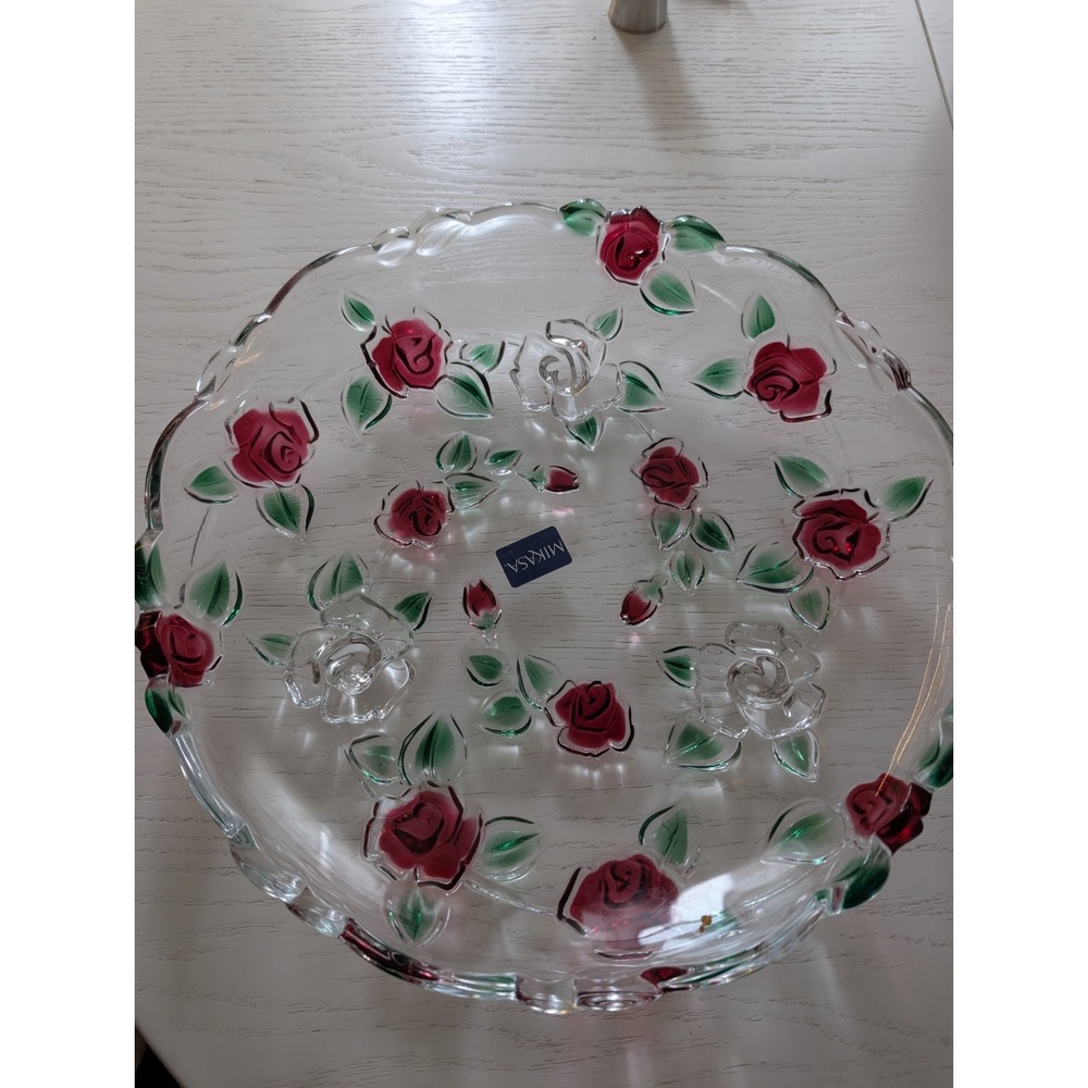 Mikasa Garden Cake Plate Footed Clear Glass Red Rose‎ Garden